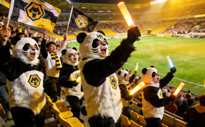 球迷在看台上装扮成熊猫为球队助威 - 一群穿着熊猫服装的球迷